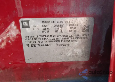 2015 Chevrolet Sonic Lt Auto из США, поврежденный, VIN 1G1JC5SH9F4163171